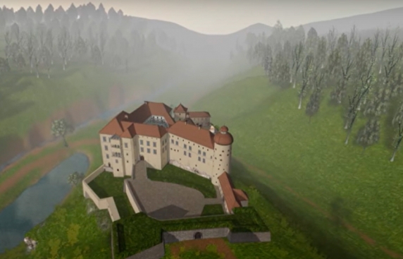 Grafika przedstawia cyfrowo generowaną makietę zamku wraz z jego okolicą.